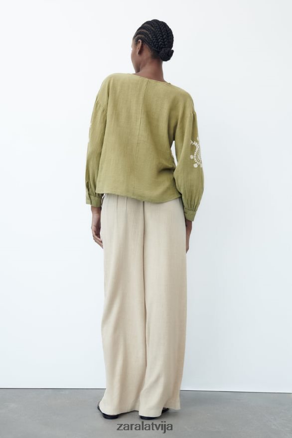 izšūta liela izmēra blūze sievietes Zara gaišs haki 6ZTV40445 apģērbs