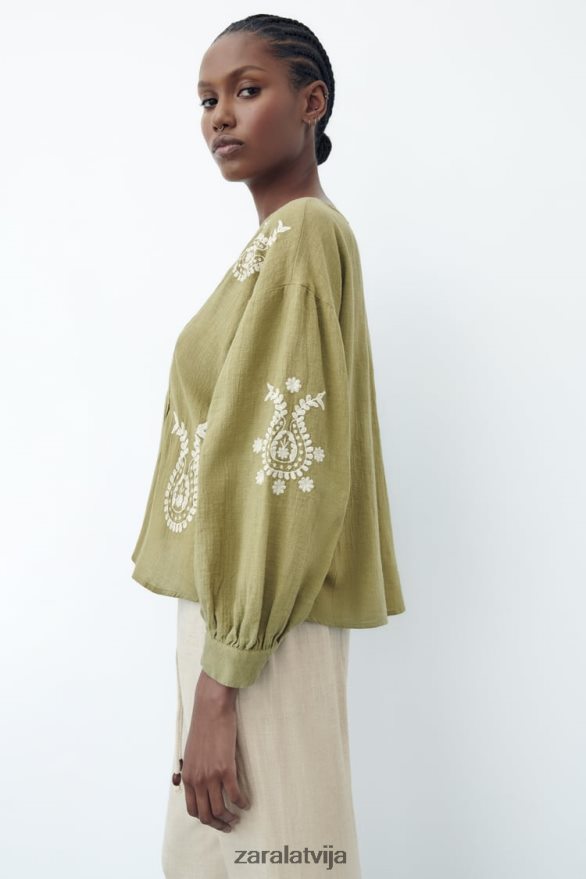 izšūta liela izmēra blūze sievietes Zara gaišs haki 6ZTV40445 apģērbs