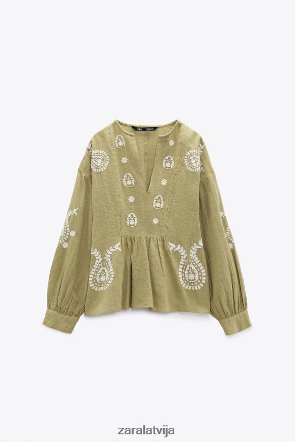 izšūta liela izmēra blūze sievietes Zara gaišs haki 6ZTV40445 apģērbs