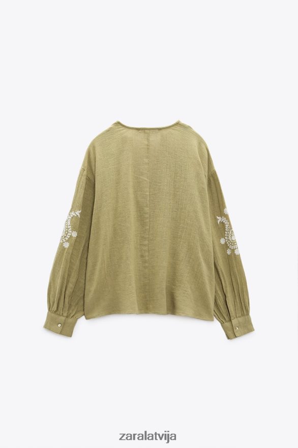 izšūta liela izmēra blūze sievietes Zara gaišs haki 6ZTV40445 apģērbs