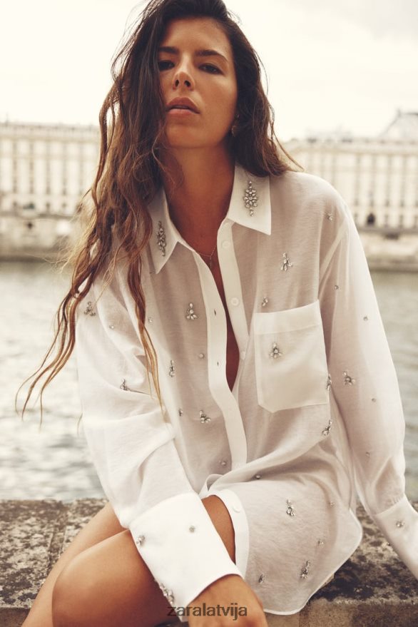 izšūts dārgakmens krekls sievietes Zara austeru balts 6ZTV40307 apģērbs