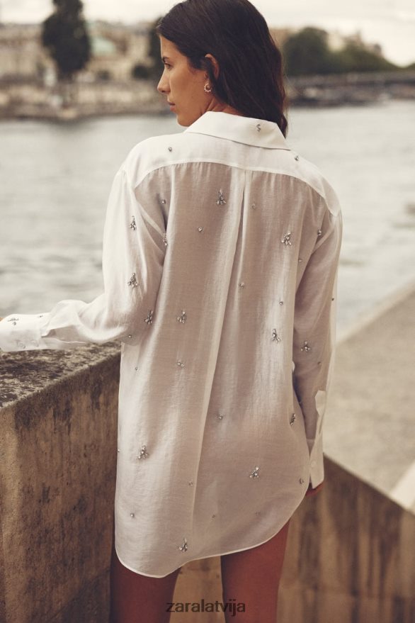 izšūts dārgakmens krekls sievietes Zara austeru balts 6ZTV40307 apģērbs