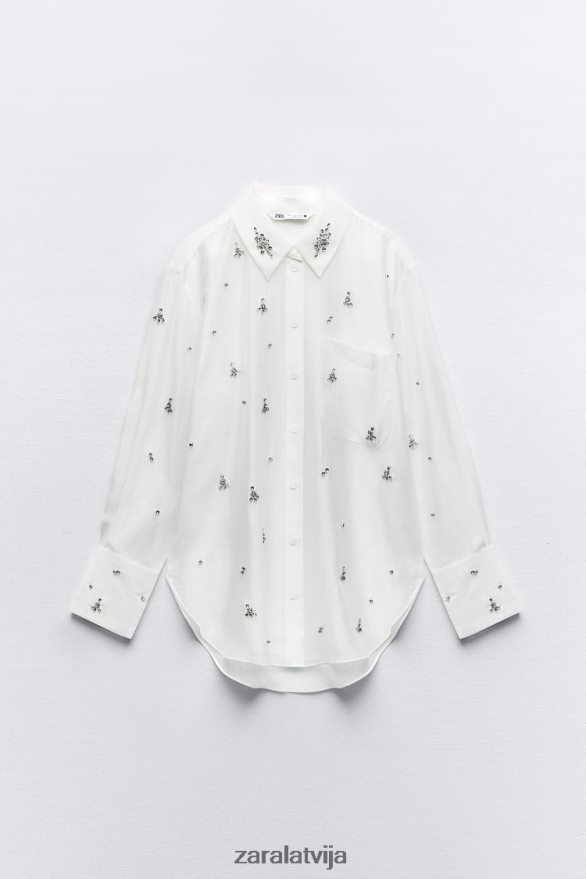 izšūts dārgakmens krekls sievietes Zara austeru balts 6ZTV40307 apģērbs