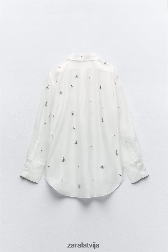 izšūts dārgakmens krekls sievietes Zara austeru balts 6ZTV40307 apģērbs