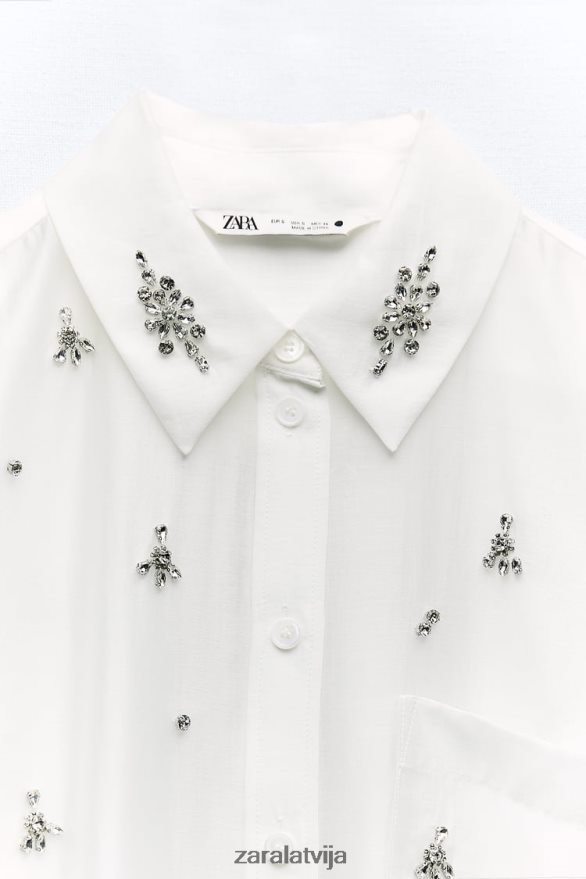 izšūts dārgakmens krekls sievietes Zara austeru balts 6ZTV40307 apģērbs