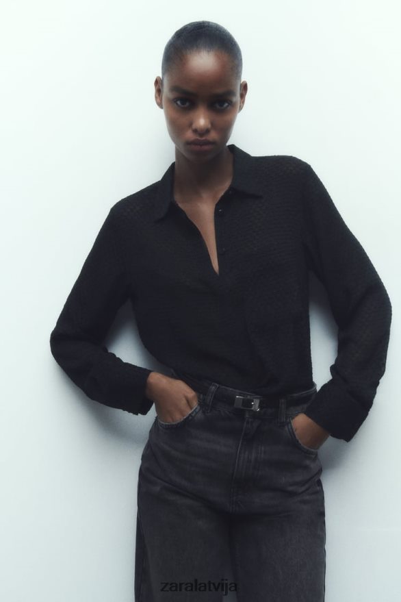 jauktas tekstūras daļēji caurspīdīgs krekls sievietes Zara melns 6ZTV40359 apģērbs