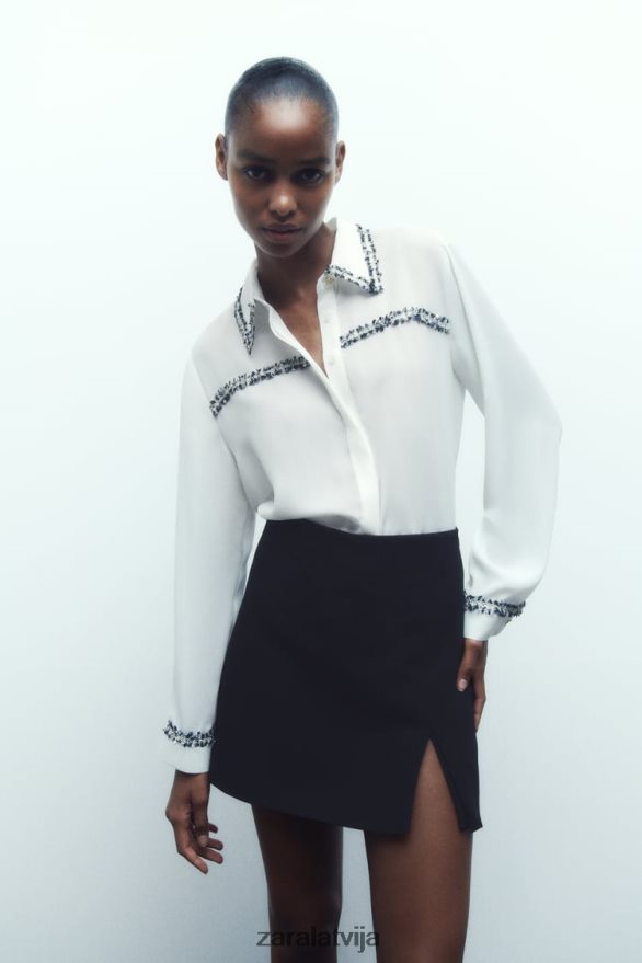 kombinētas tekstūras krekls sievietes Zara austeru balts 6ZTV40309 apģērbs