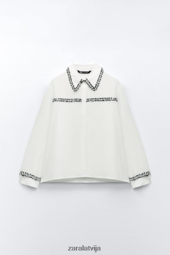 kombinētas tekstūras krekls sievietes Zara austeru balts 6ZTV40309 apģērbs