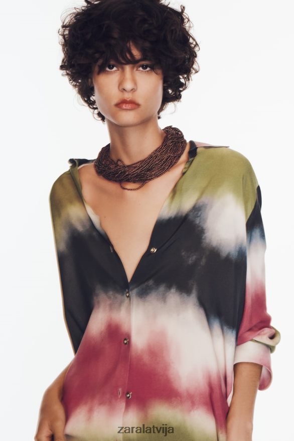 krekls ar kaklasaiti ar apdruku sievietes Zara daudzkrāsains 6ZTV40451 apģērbs