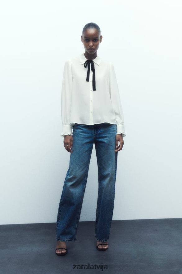 krekls ar kontrastējošu kaklasaiti sievietes Zara balts 6ZTV40316 apģērbs