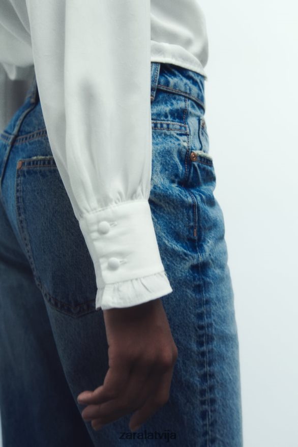 krekls ar kontrastējošu kaklasaiti sievietes Zara balts 6ZTV40316 apģērbs