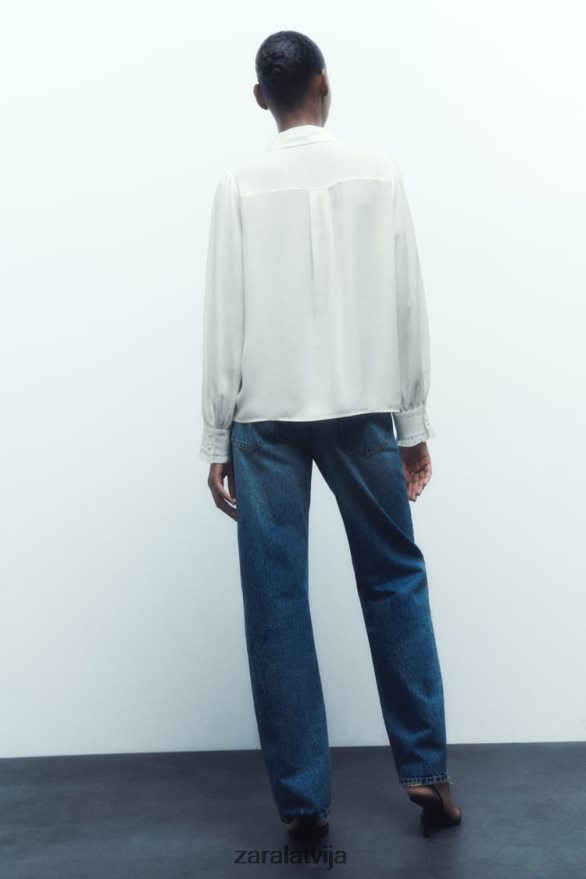 krekls ar kontrastējošu kaklasaiti sievietes Zara balts 6ZTV40316 apģērbs