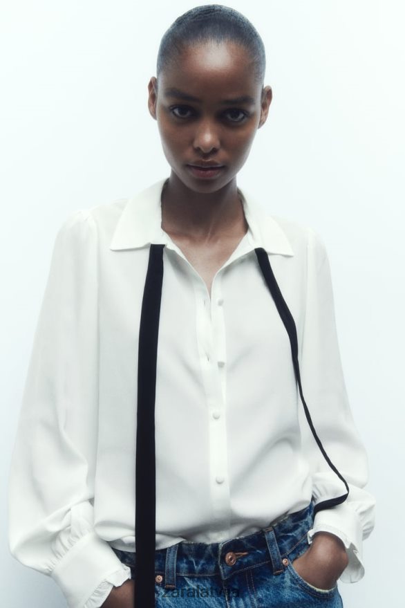 krekls ar kontrastējošu kaklasaiti sievietes Zara balts 6ZTV40316 apģērbs