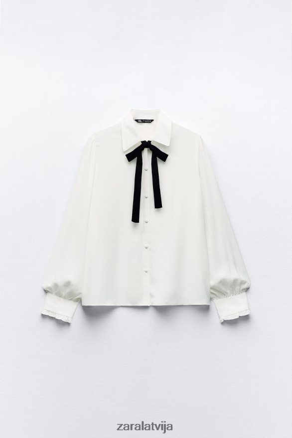 krekls ar kontrastējošu kaklasaiti sievietes Zara balts 6ZTV40316 apģērbs