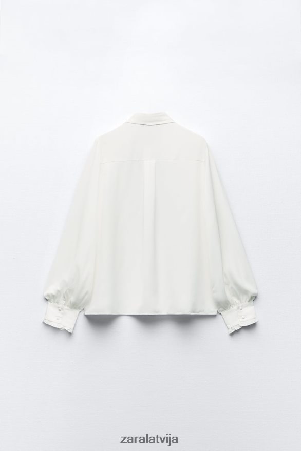 krekls ar kontrastējošu kaklasaiti sievietes Zara balts 6ZTV40316 apģērbs