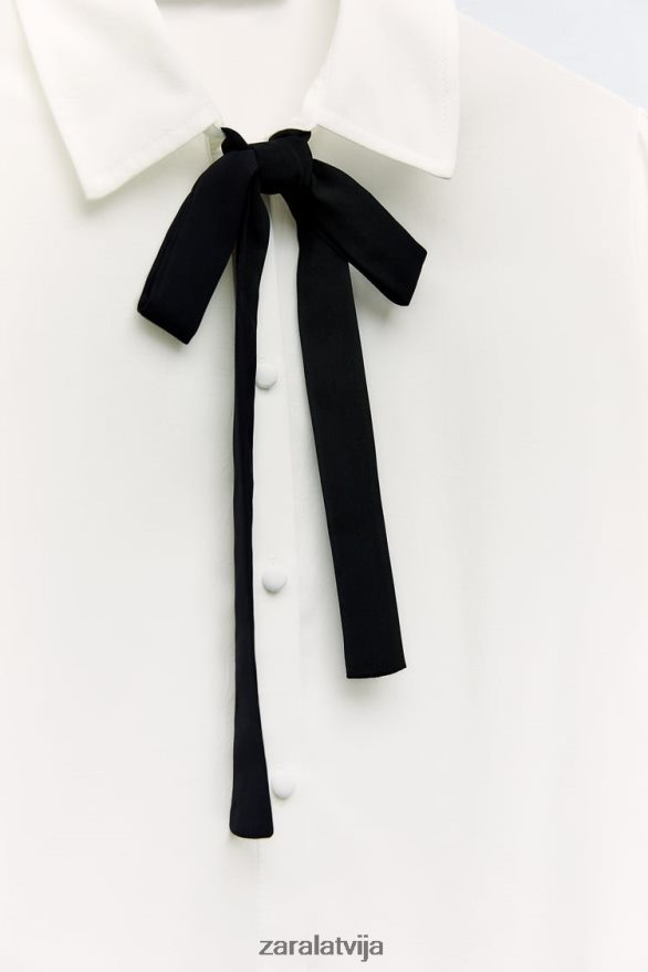 krekls ar kontrastējošu kaklasaiti sievietes Zara balts 6ZTV40316 apģērbs