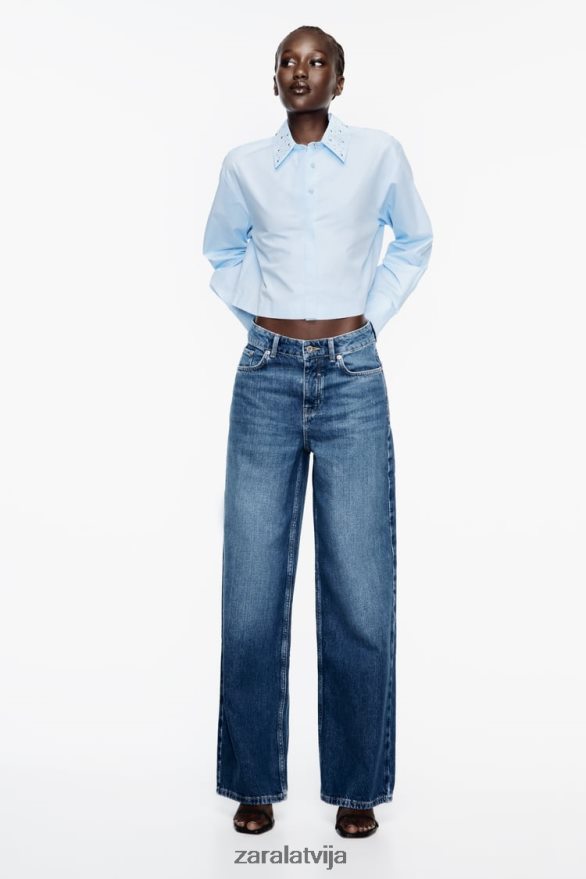 krekls ar radzēm ar poplīnu sievietes Zara debesu zils 6ZTV40424 apģērbs