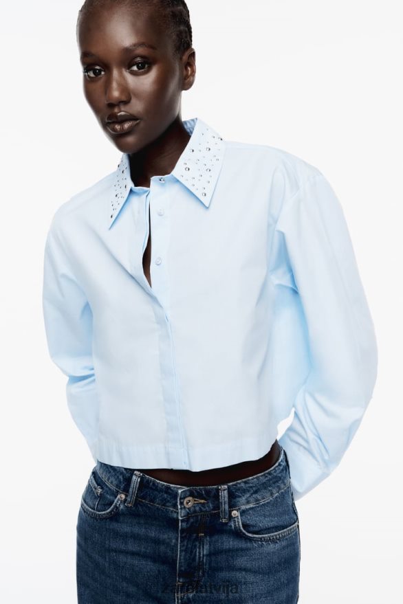 krekls ar radzēm ar poplīnu sievietes Zara debesu zils 6ZTV40424 apģērbs