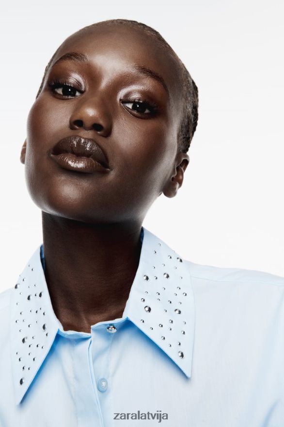 krekls ar radzēm ar poplīnu sievietes Zara debesu zils 6ZTV40424 apģērbs