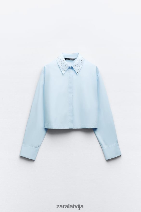 krekls ar radzēm ar poplīnu sievietes Zara debesu zils 6ZTV40424 apģērbs