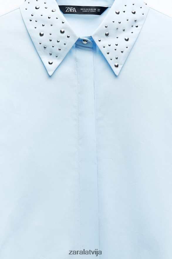 krekls ar radzēm ar poplīnu sievietes Zara debesu zils 6ZTV40424 apģērbs