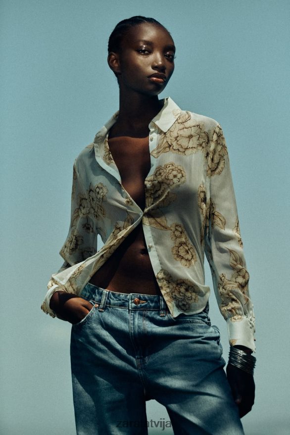 krekls ar ziedu apdruku sievietes Zara smiltis/zils 6ZTV40419 apģērbs