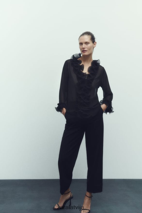 kroku volānu puscaurspīdīga blūze sievietes Zara melns 6ZTV40337 apģērbs