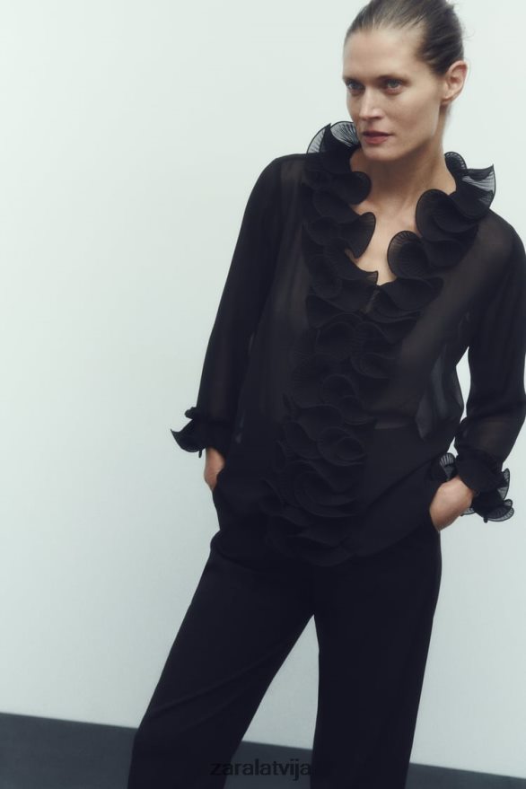 kroku volānu puscaurspīdīga blūze sievietes Zara melns 6ZTV40337 apģērbs