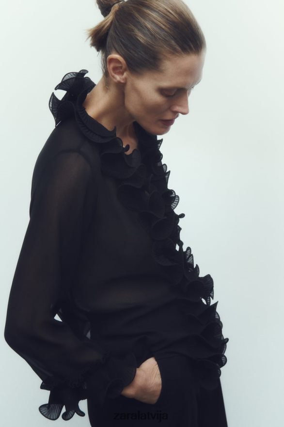 kroku volānu puscaurspīdīga blūze sievietes Zara melns 6ZTV40337 apģērbs