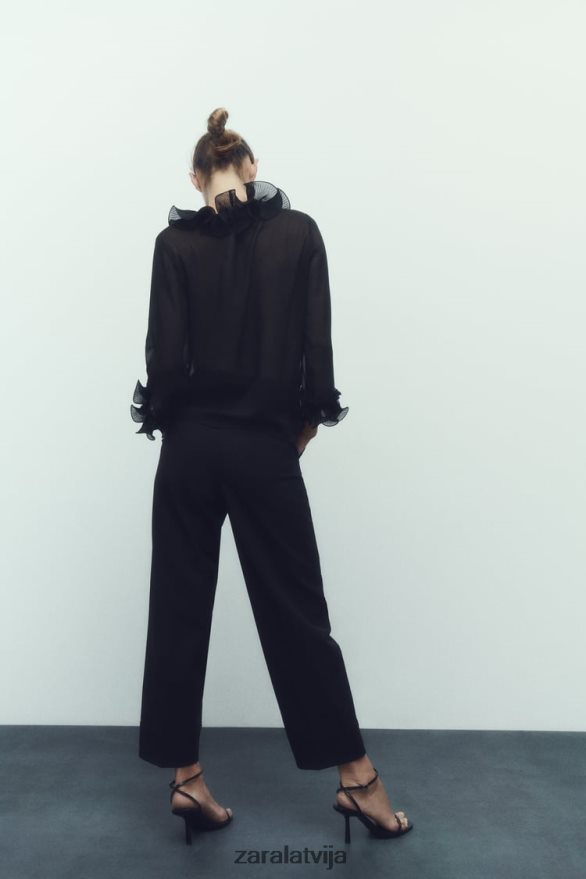 kroku volānu puscaurspīdīga blūze sievietes Zara melns 6ZTV40337 apģērbs