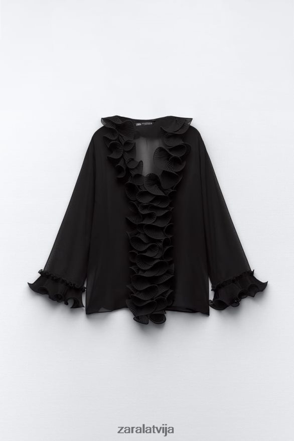 kroku volānu puscaurspīdīga blūze sievietes Zara melns 6ZTV40337 apģērbs