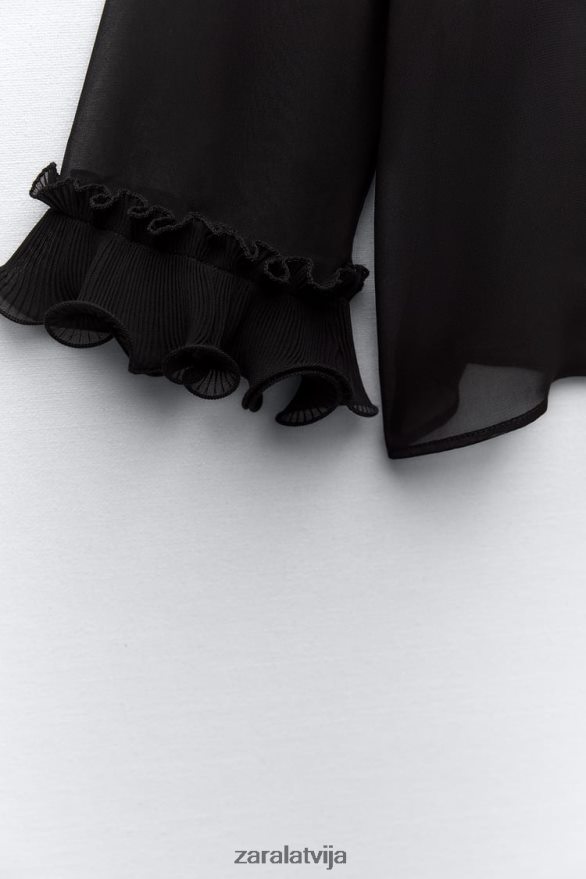 kroku volānu puscaurspīdīga blūze sievietes Zara melns 6ZTV40337 apģērbs