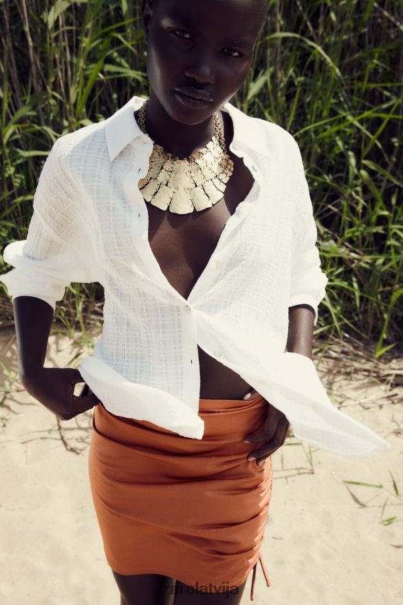 lauku stila auduma lielizmēra krekls sievietes Zara balts 6ZTV40431 apģērbs