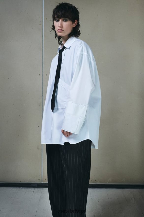 lielizmēra krekls ar asimetrisku kabatu sievietes Zara balts 6ZTV40368 apģērbs