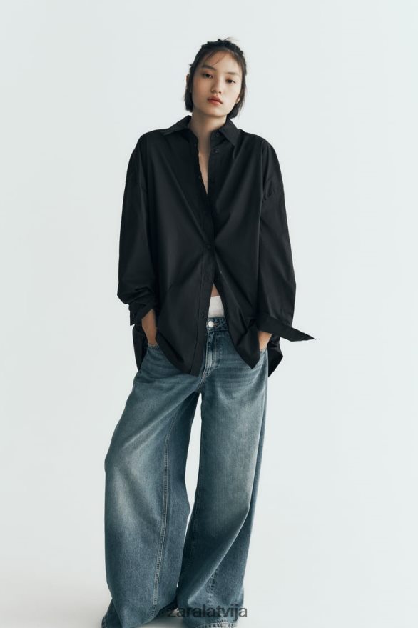 lielizmēra poplīna krekls sievietes Zara melns 6ZTV40291 apģērbs