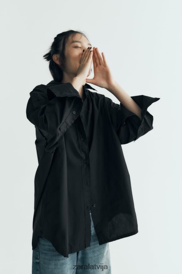 lielizmēra poplīna krekls sievietes Zara melns 6ZTV40291 apģērbs