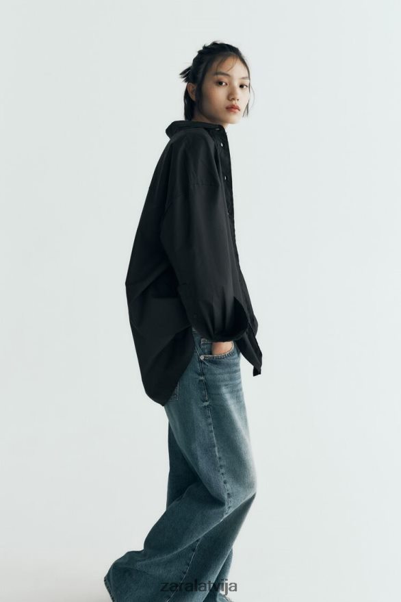 lielizmēra poplīna krekls sievietes Zara melns 6ZTV40291 apģērbs