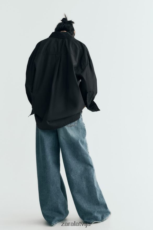 lielizmēra poplīna krekls sievietes Zara melns 6ZTV40291 apģērbs