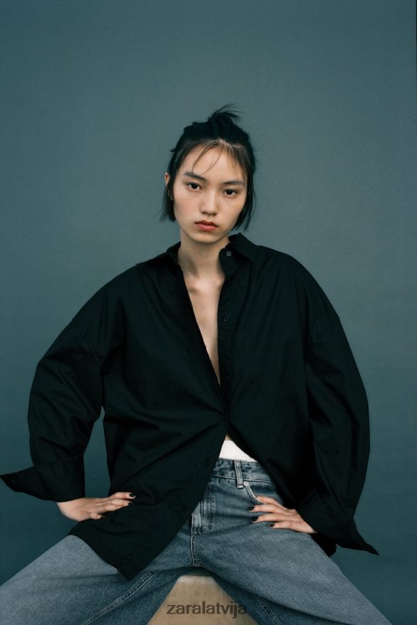 lielizmēra poplīna krekls sievietes Zara melns 6ZTV40291 apģērbs