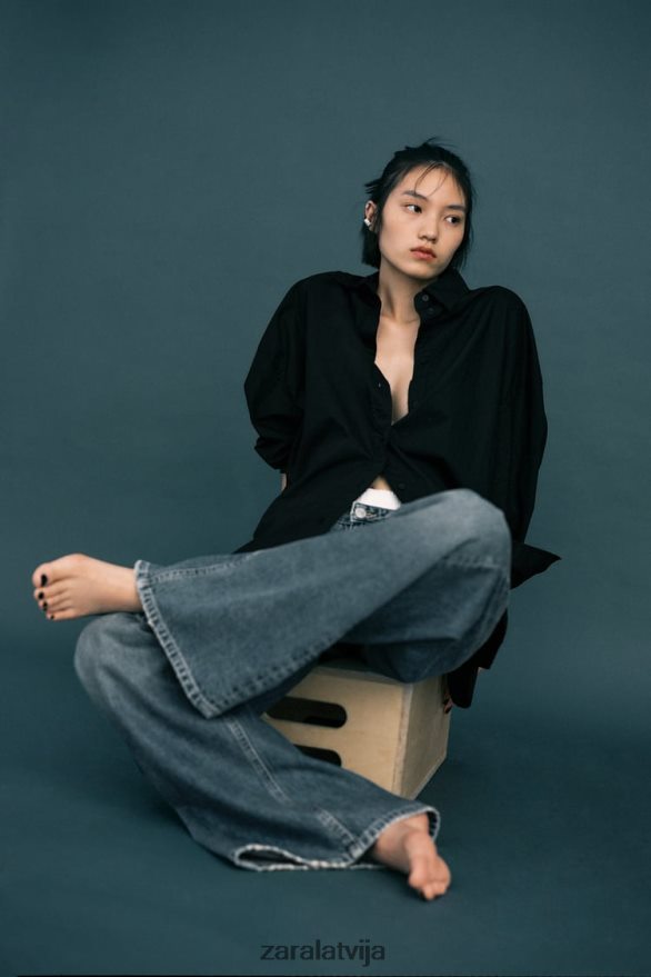 lielizmēra poplīna krekls sievietes Zara melns 6ZTV40291 apģērbs