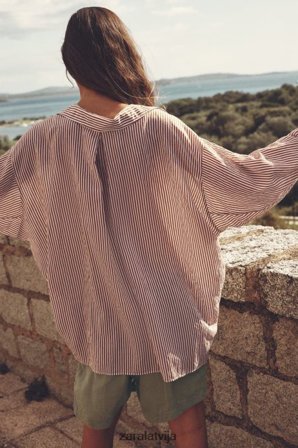 lielizmēra svītrains krekls sievietes Zara bēšs/brūns 6ZTV40322 apģērbs