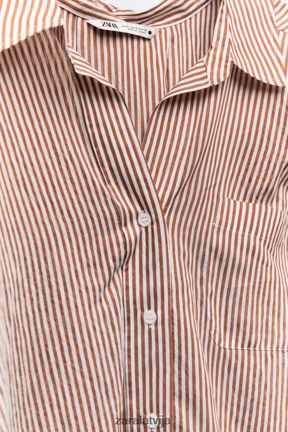 lielizmēra svītrains krekls sievietes Zara bēšs/brūns 6ZTV40322 apģērbs