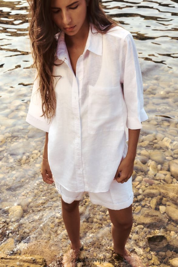 lina krekls ar kabatām sievietes Zara austeru balts 6ZTV40377 apģērbs