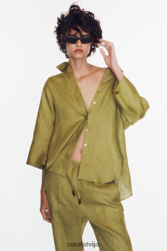 lina krekls ar platām piedurknēm sievietes Zara olīvu zaļš 6ZTV40383 apģērbs