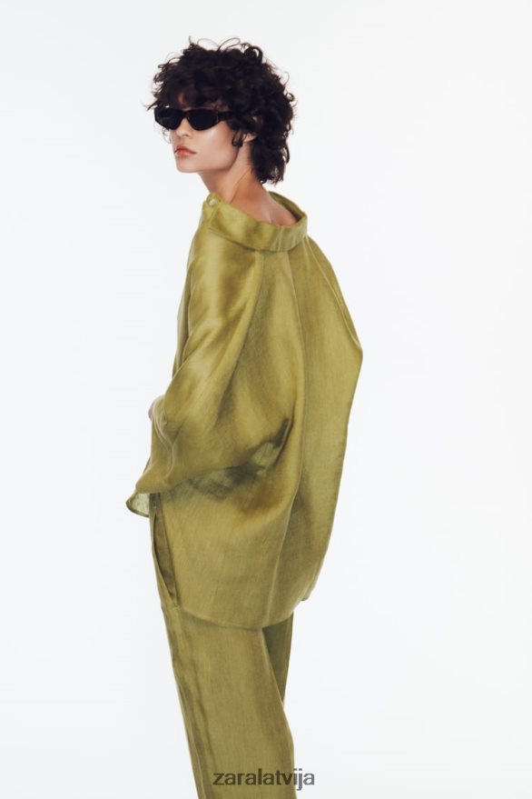 lina krekls ar platām piedurknēm sievietes Zara olīvu zaļš 6ZTV40383 apģērbs