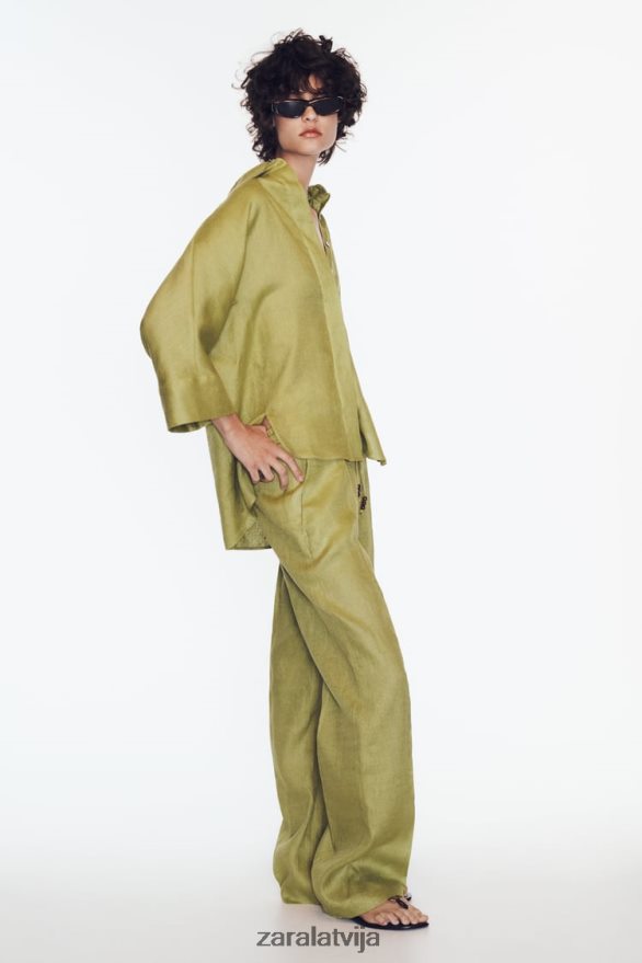 lina krekls ar platām piedurknēm sievietes Zara olīvu zaļš 6ZTV40383 apģērbs