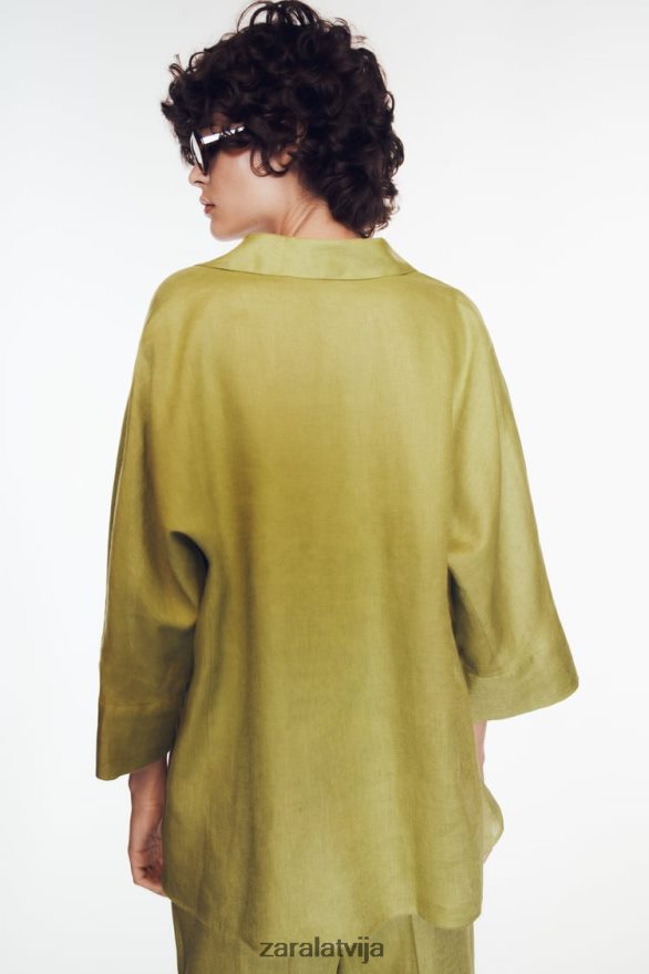 lina krekls ar platām piedurknēm sievietes Zara olīvu zaļš 6ZTV40383 apģērbs