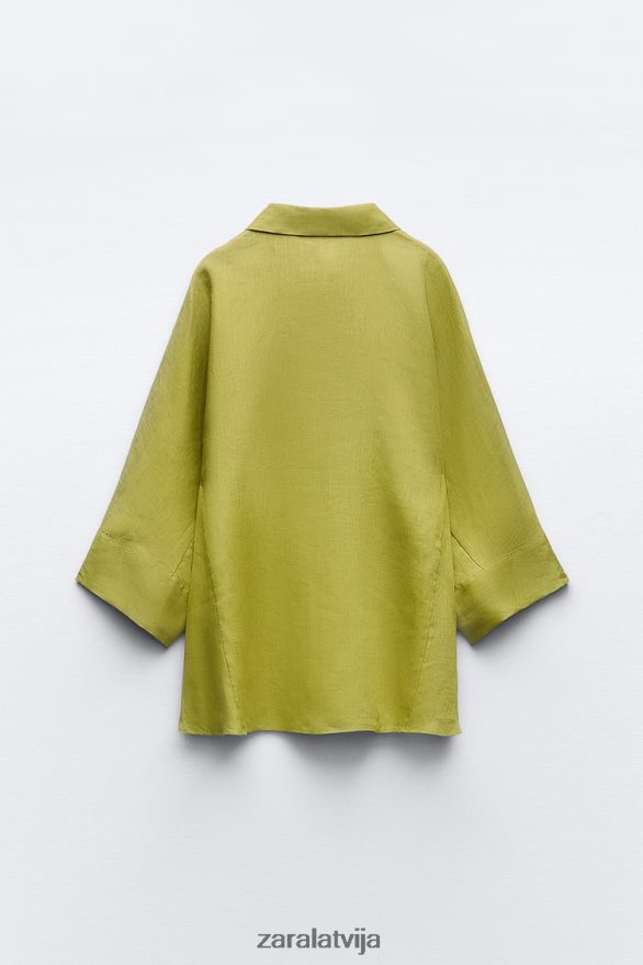 lina krekls ar platām piedurknēm sievietes Zara olīvu zaļš 6ZTV40383 apģērbs