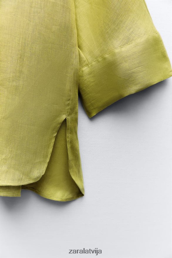 lina krekls ar platām piedurknēm sievietes Zara olīvu zaļš 6ZTV40383 apģērbs
