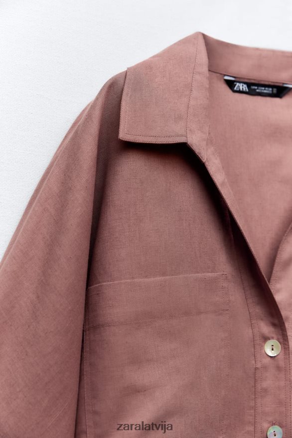 lina maisījuma plākstera kabatas krekls sievietes Zara marsala 6ZTV40401 apģērbs